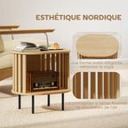 Table d'appoint ovale bout de canapé rangement ouvert pieds en acier design à lattes 50x39x50cm effet bois naturel-3