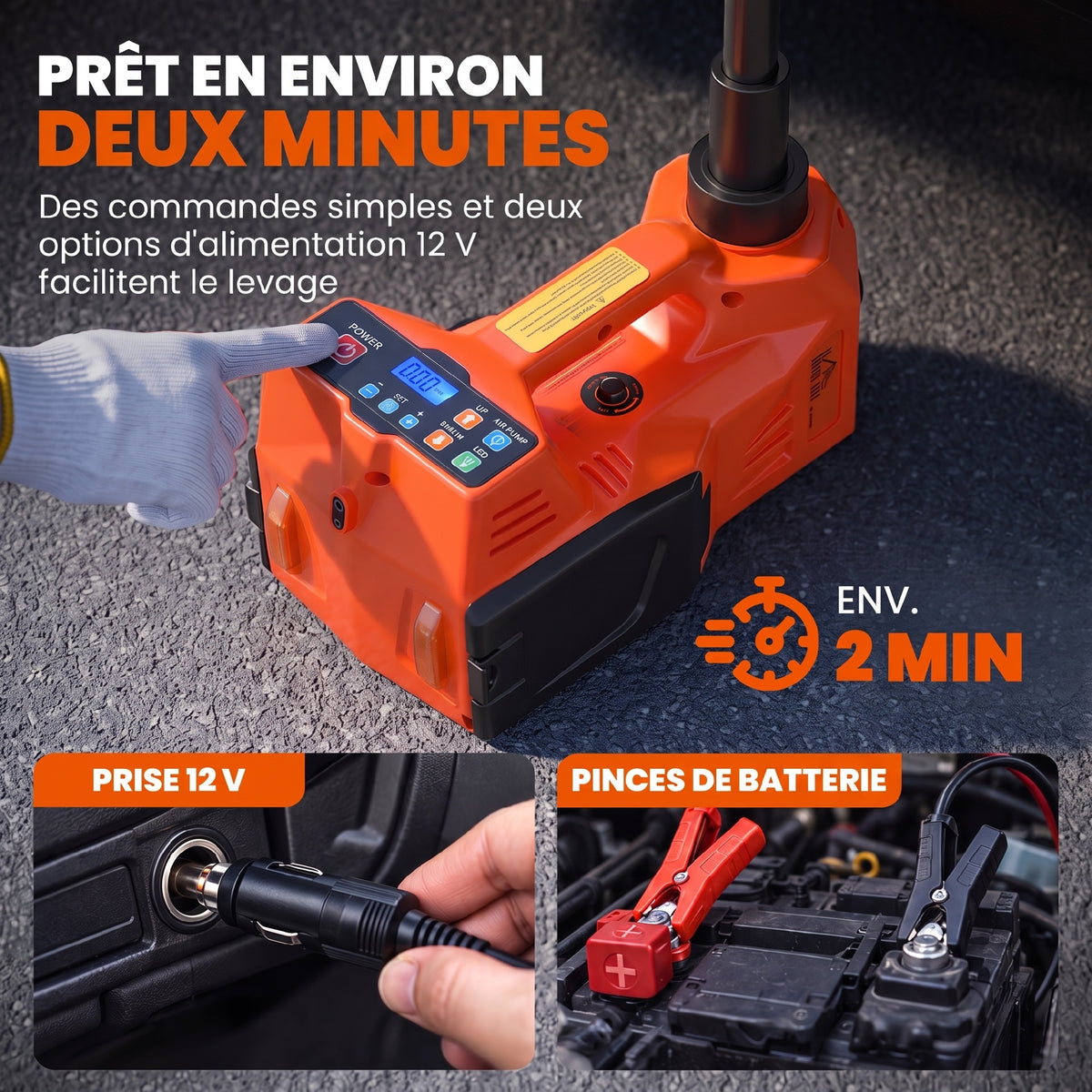 Cric Hydraulique Électrique 5T, 12V, 143-450 mm, Lumière LED, Pompe Gonflable, Allume-Cigare, 34,3x25,5x17,3cm, Orange-4