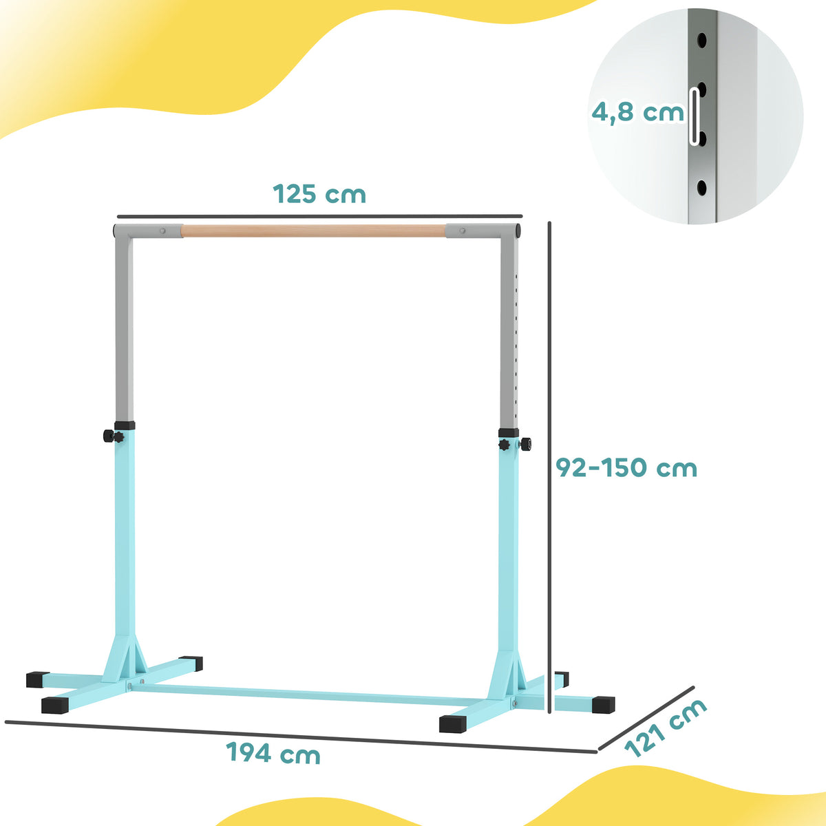 Barre fixe de gymnastique pour enfant, hauteur réglable 13 niveaux de 92-150 cm, en acier et bois en hêtre, cyan-2