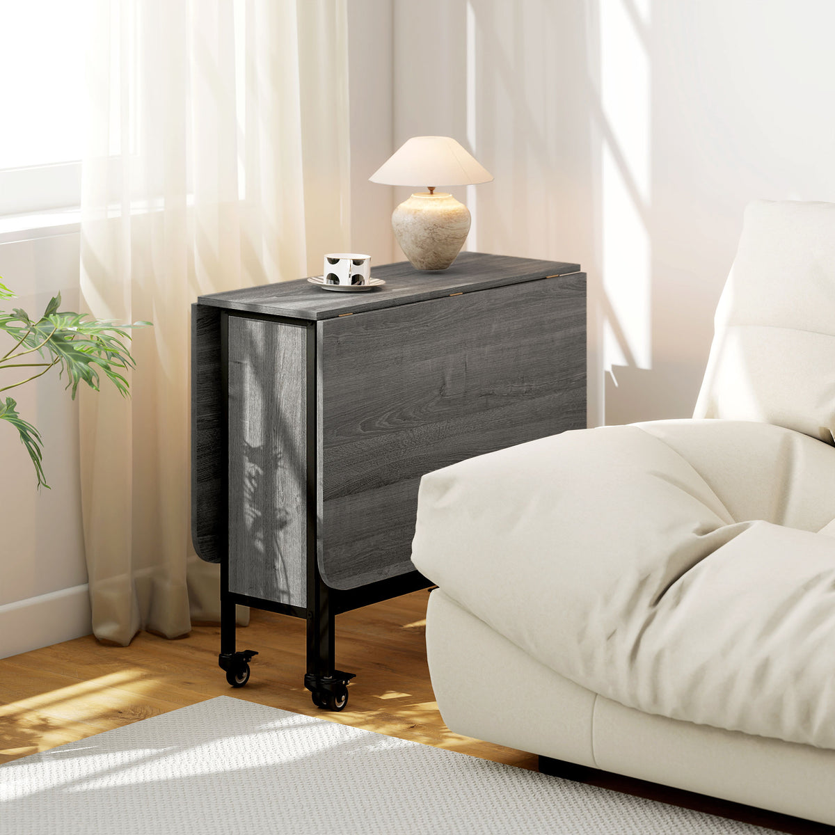 Table pliante de cuisine extensible salle à manger sur roulettes jusqu'à 6 personnes étagère intégrée, 6 roues, Gris-9