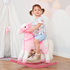 Cheval à Bascule en Bois et Peluche pour Enfant Cheval de Cowboy peluche Pour Enfants de 3-6 Ans Jouet balançoire avec Effet sonore Selle rênes Rose Blanc-1