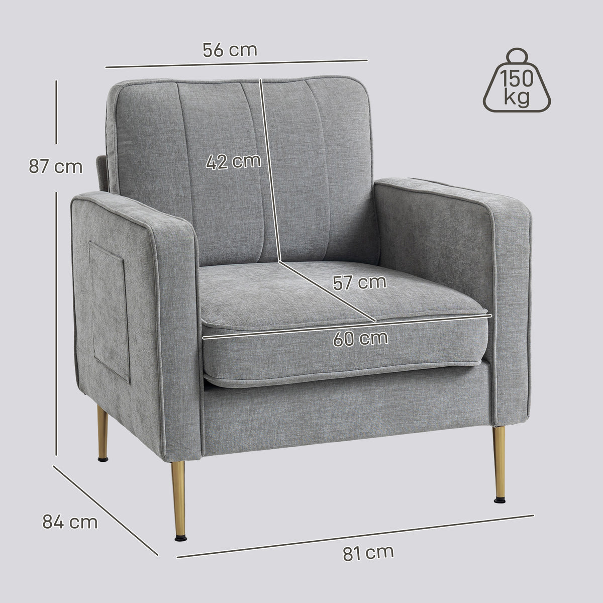 Fauteuil en tissu avec pieds en acier doré, grand confort, pochettes latérales, pour salon, bureau, chambre, gris-2