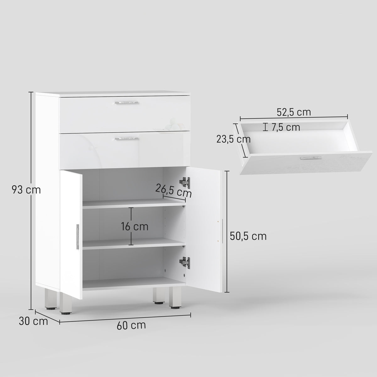 Meuble de salle de bain avec 2 tiroirs placard à double porte et étagères réglables 60 x 30 x 93 cm blanc brillant-2
