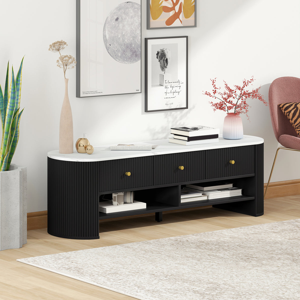 Meuble TV 140 cm, meuble télé pour téléviseur 65 pouces effet marbre avec 3 tiroirs façades à cannelures 2 étagères noir-8