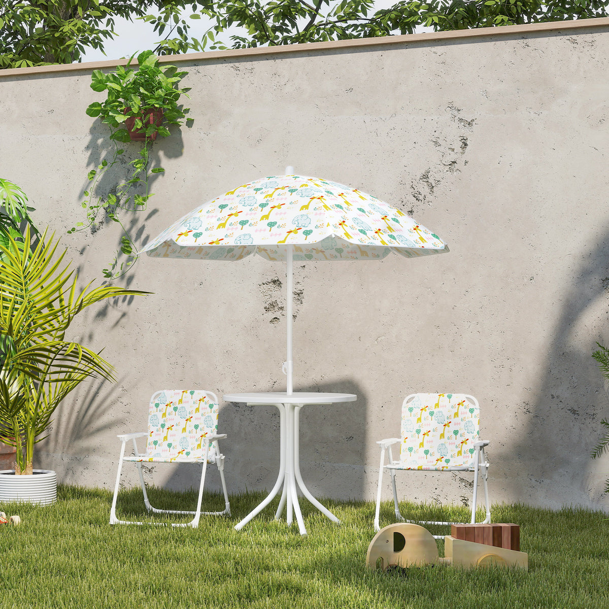 Ensemble salon de jardin extérieur enfant 4 pièces, motif éléphant et girafe, parasol réglable Ø 100 cm, chaise pliable-9