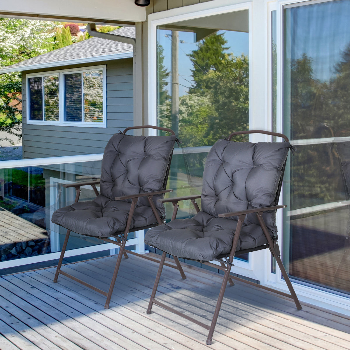 Lot de 2 coussins de chaise d'extérieur, galette de chaise avec attaches, coussins de jardin pour terrasse ou balcon, 98 x 50 x 8 cm, gris-3