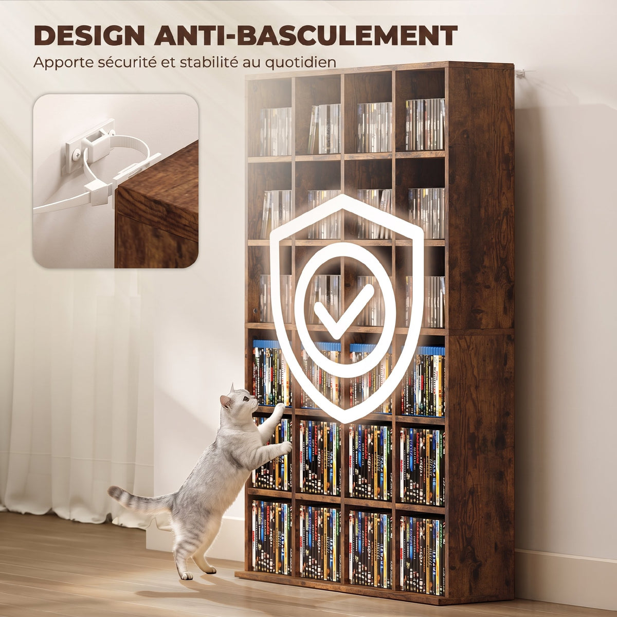 Meuble de Rangement 456 CDs / 336 DVDs, Étagère Multimédia, 24 Compartiments et 16 Étagères Ajustables, Marron-5