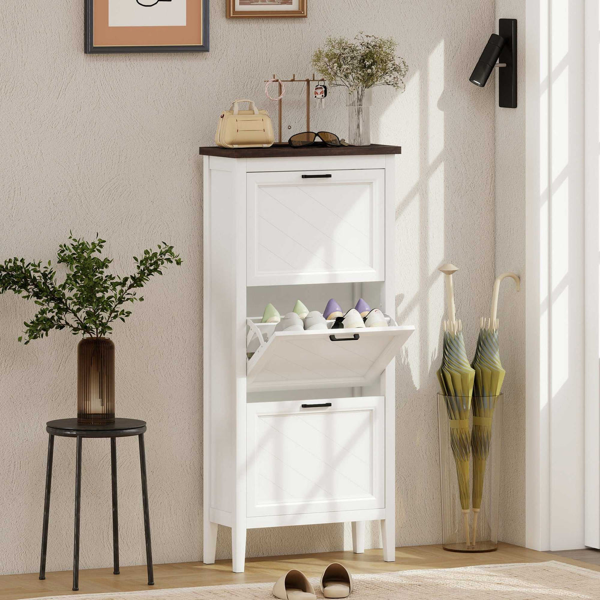 Meuble à chaussures 18 paires, armoire à chaussures étroite avec 3 tiroirs rabattables et étagères réglables, blanc-1