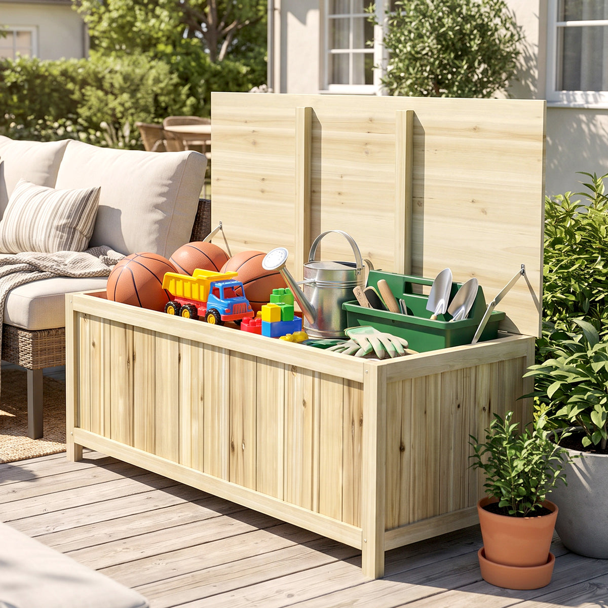 Coffre de rangement jardin en bois 172L avec vérins, pour l'extérieur - 120L x 55l x 45H cm-9