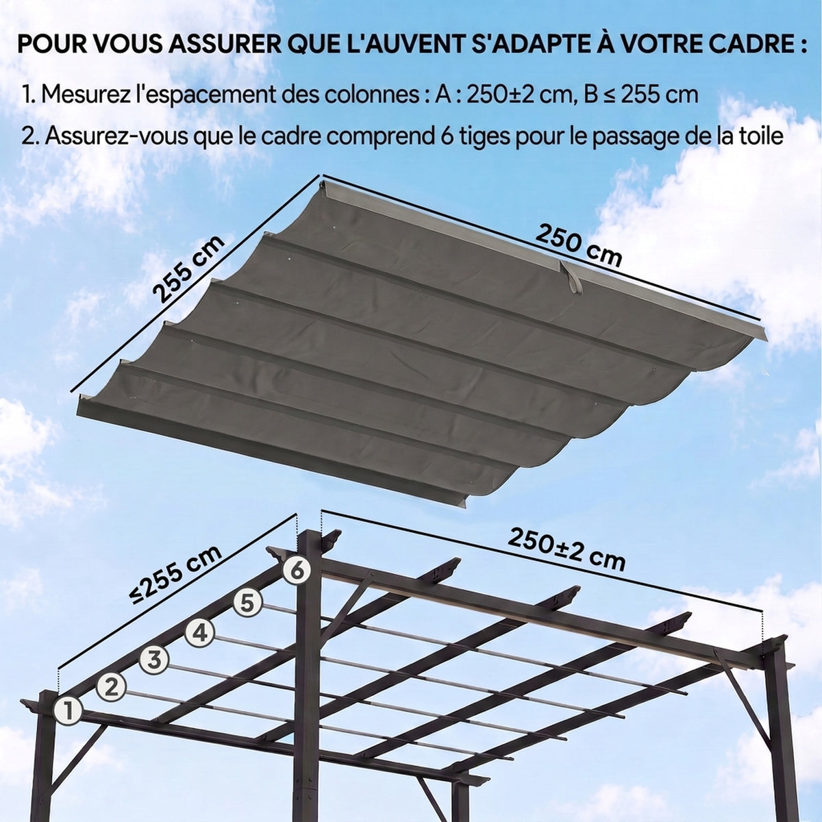 Toile de toit pour pergola tonnelle rétractable de 3 x 3 m - toile uniquement 250 x 255 cm gris clair-3