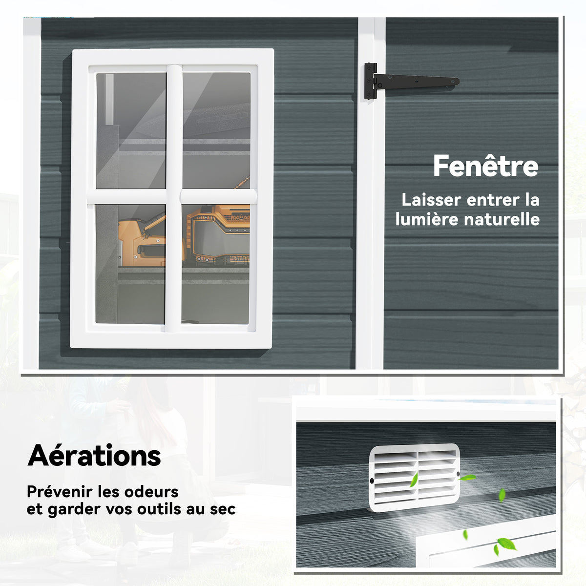 Abri de jardin en plastique, avec plancher, 303 x 123 x 197 cm, effet bois gris-4
