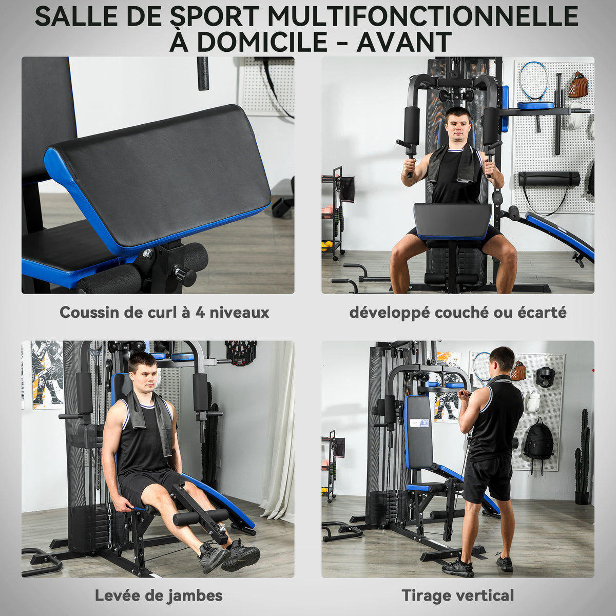 Station de Musculation avec Pile de Poids de 65 kg, Équipement de Gym à Domicile avec Banc pour Abdominaux, Noir et Bleu-3