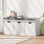 Banc chaussures entrée, banc de rangement avec 3 tiroirs amovibles et coussin rembourré en tissu aspect lin, blanc-7