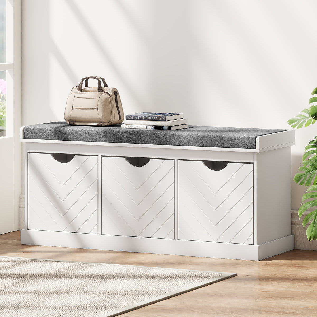 Banc chaussures entrée, banc de rangement avec 3 tiroirs amovibles et coussin rembourré en tissu aspect lin, blanc-7