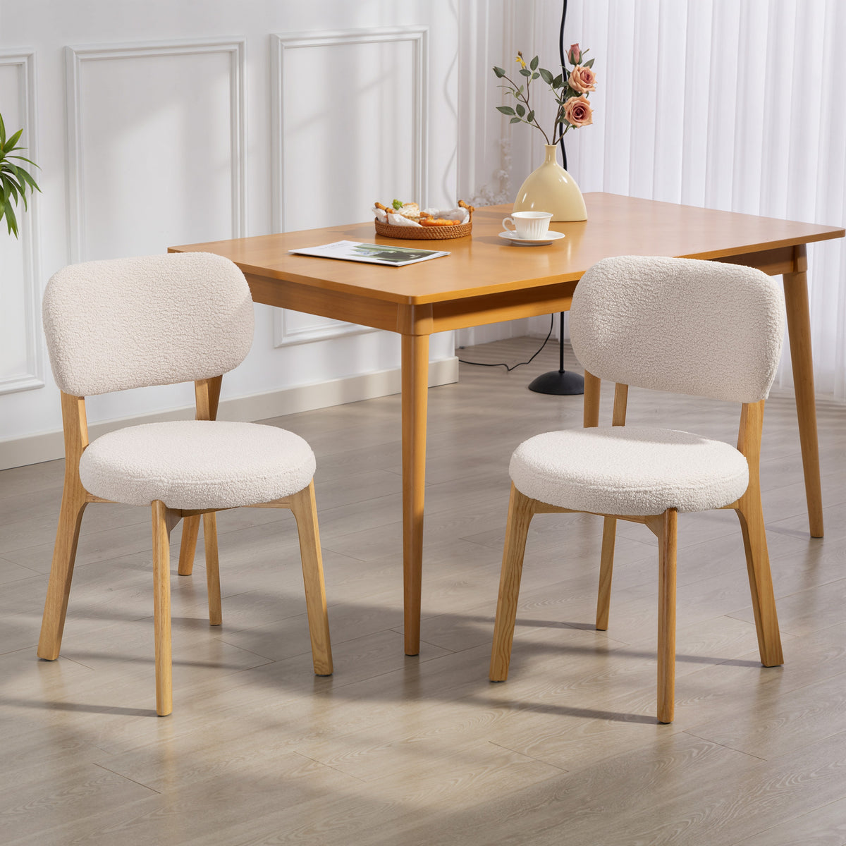 Lot de 2 chaises de salle à manger, chaises de cuisine rembourrées, pieds en bois d'hévéa, 46,5 x 52 x 80 cm, crème-6