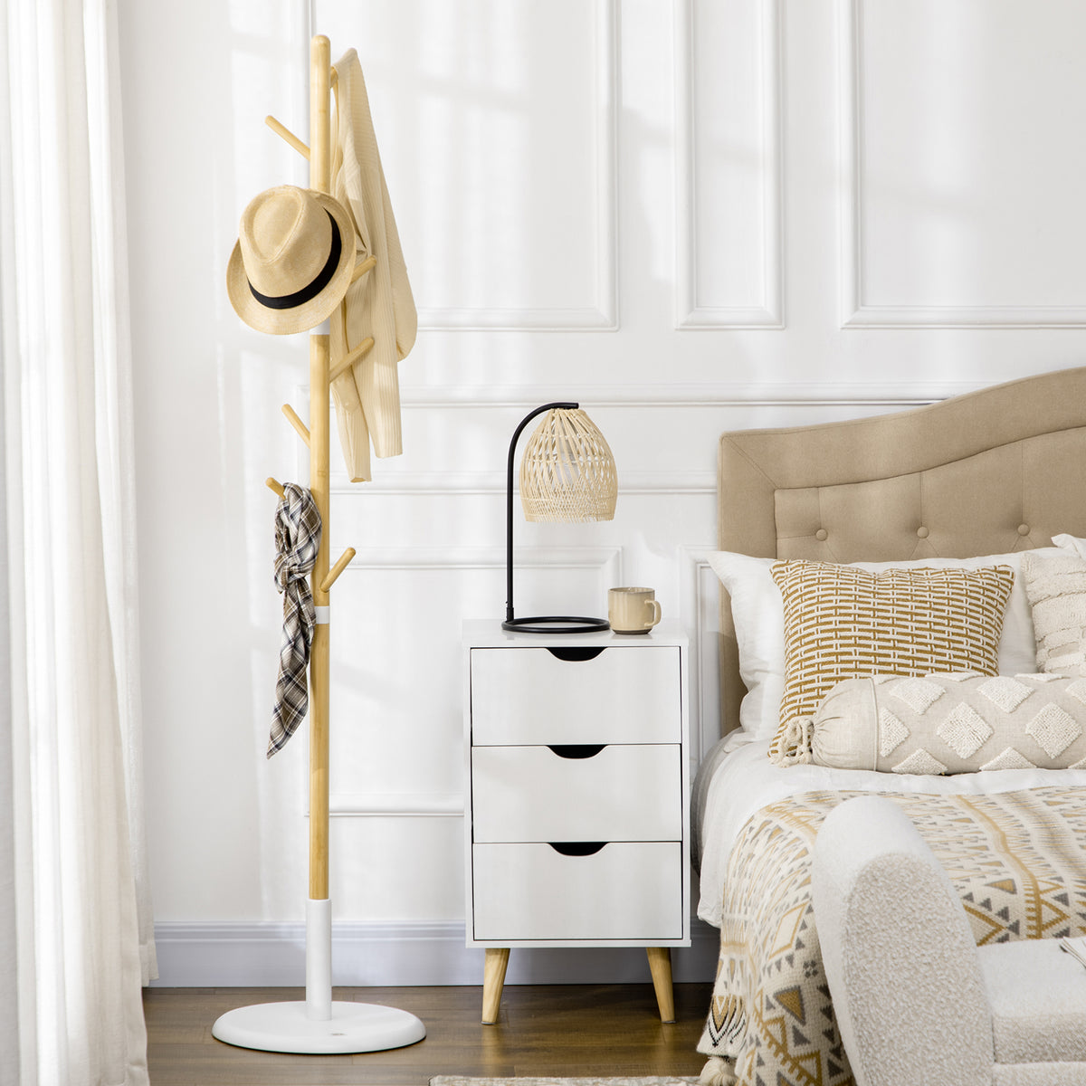 Portemanteau sur pied portant à vêtements vestiaire 8 patères meuble d'entrée pour vêtements chapeaux entrée-6