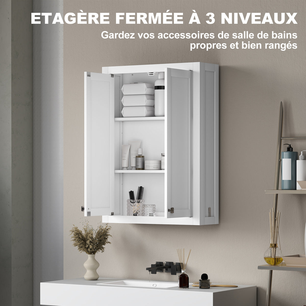 Armoire murale de salle de bain 3 niveaux, meuble de rangement suspendu 2 portes étagère réglable 61 x 20 x 84 cm blanc-4