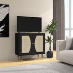 Buffet de cuisine meuble de rangement design bohème double portes avec 2 niveaux, façade en rotin 80 x 38 x 79 cm noir-9