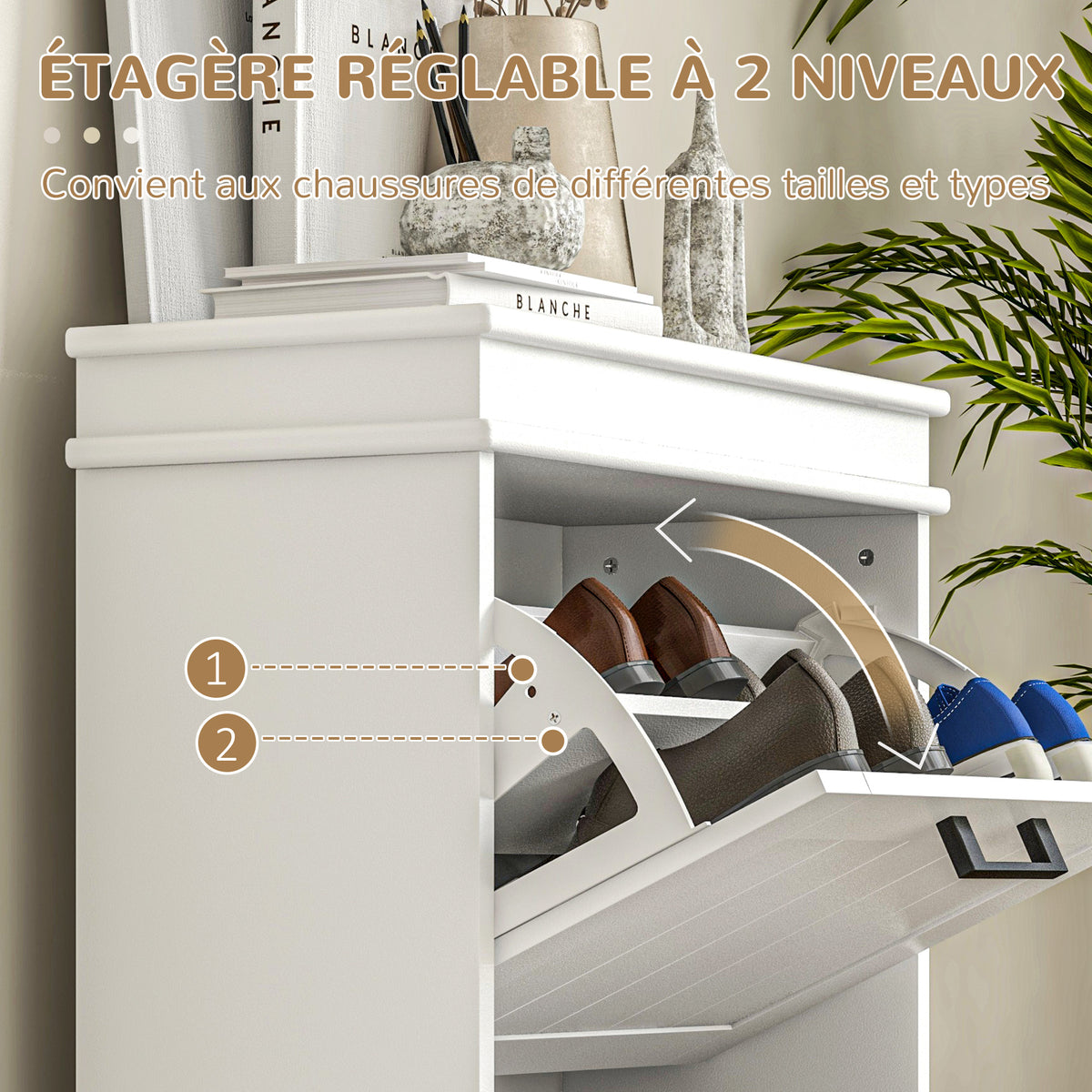 Meuble à chaussures, 2 portes abattants, étagères réglables, pour entrée, couloir, 54 x 24 x 82,5 cm, blanc-4