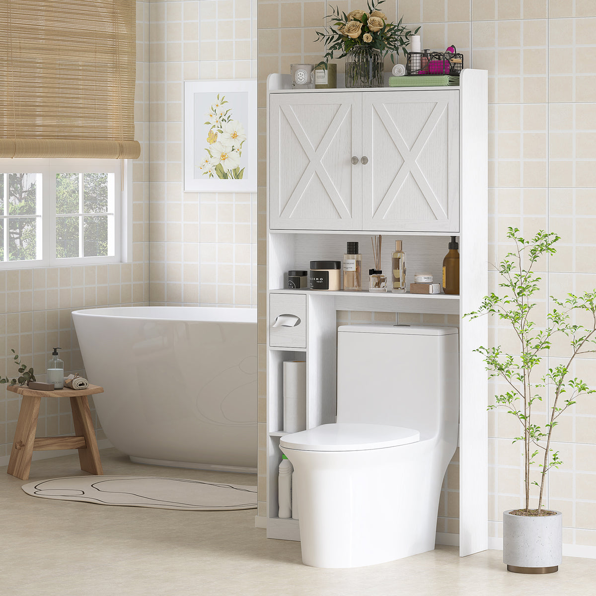 Meuble WC dessus de toilette avec placard à porte de grange, étagère réglable, compartiments et porte-papier, blanc-1