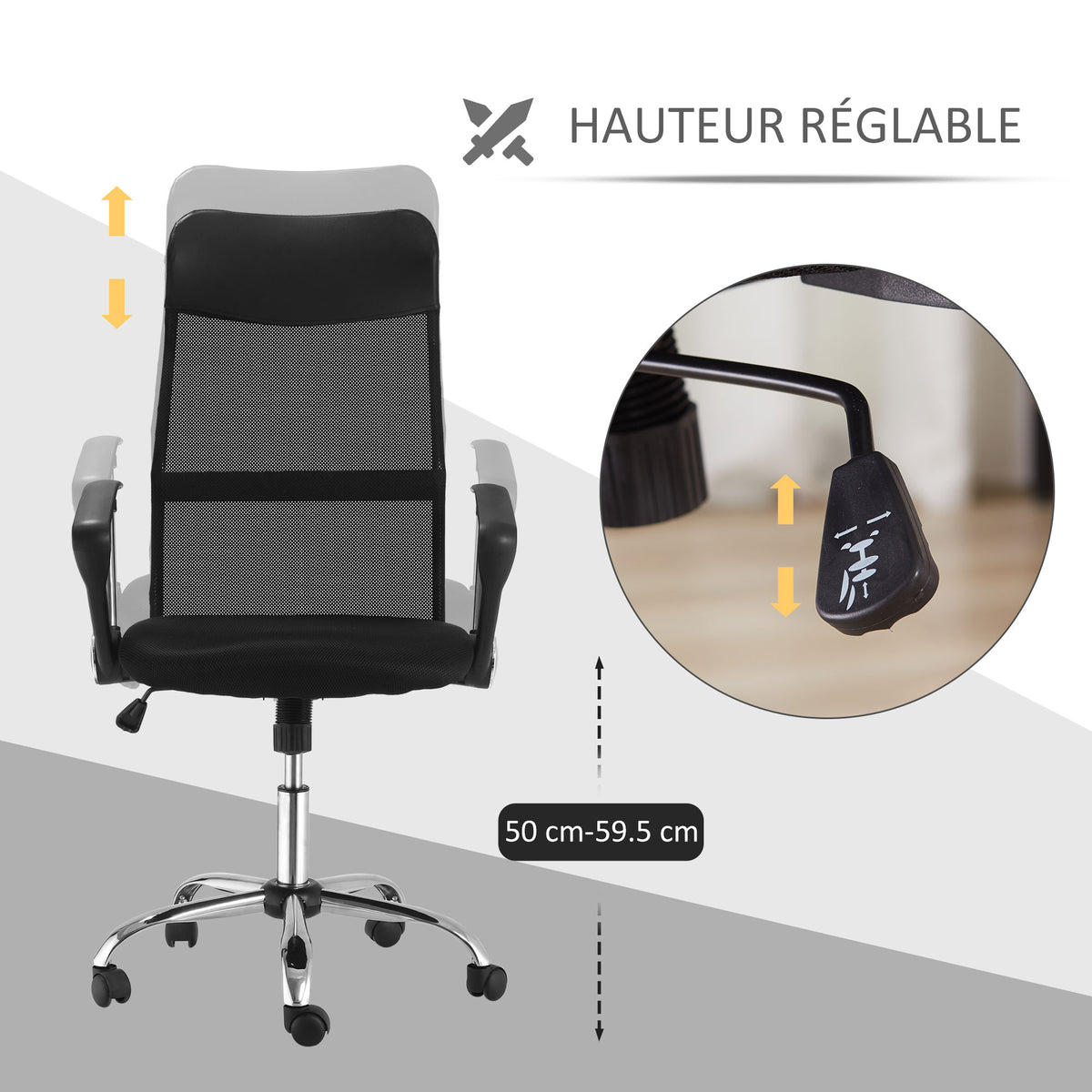 Lot de 2 fauteuils de bureau manager dossier ergonomique hauteur assise réglable pivotant tissu maille noir-3