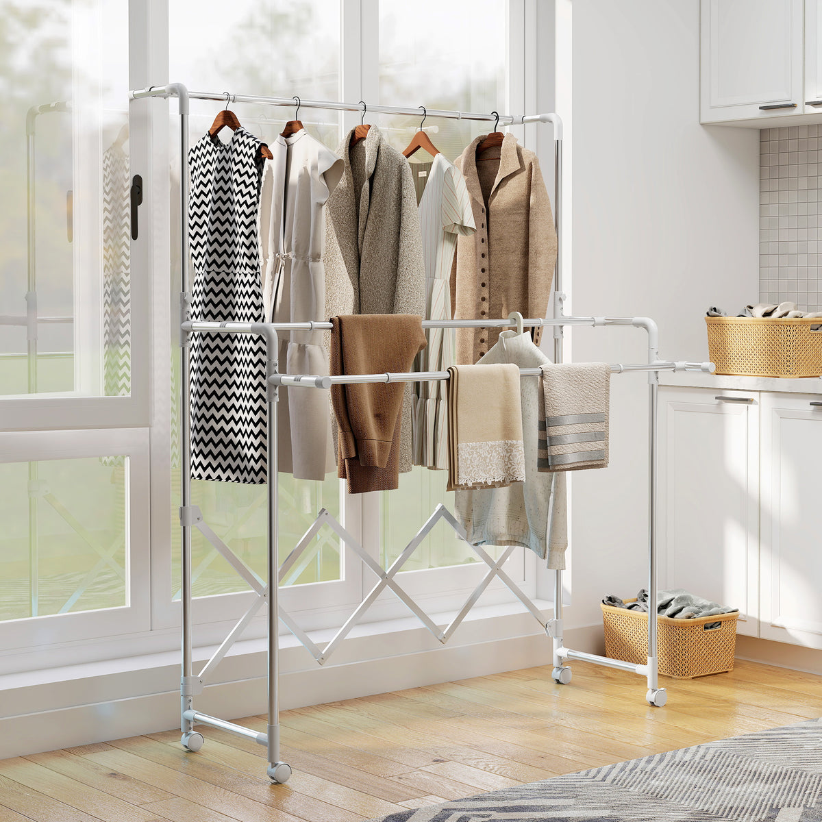 Séchoir à linge pliable étendoir linge intérieur à 3 barres réglables et 4 roulettes 104-150 x 103 x 145-197 cm argent-1