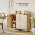 Buffet Cuisine, Meuble de Rangement avec 3 Portes à Motif Chevron et Pieds en Bois de Pin, 88,3x30x76cm, Bois Naturel-1