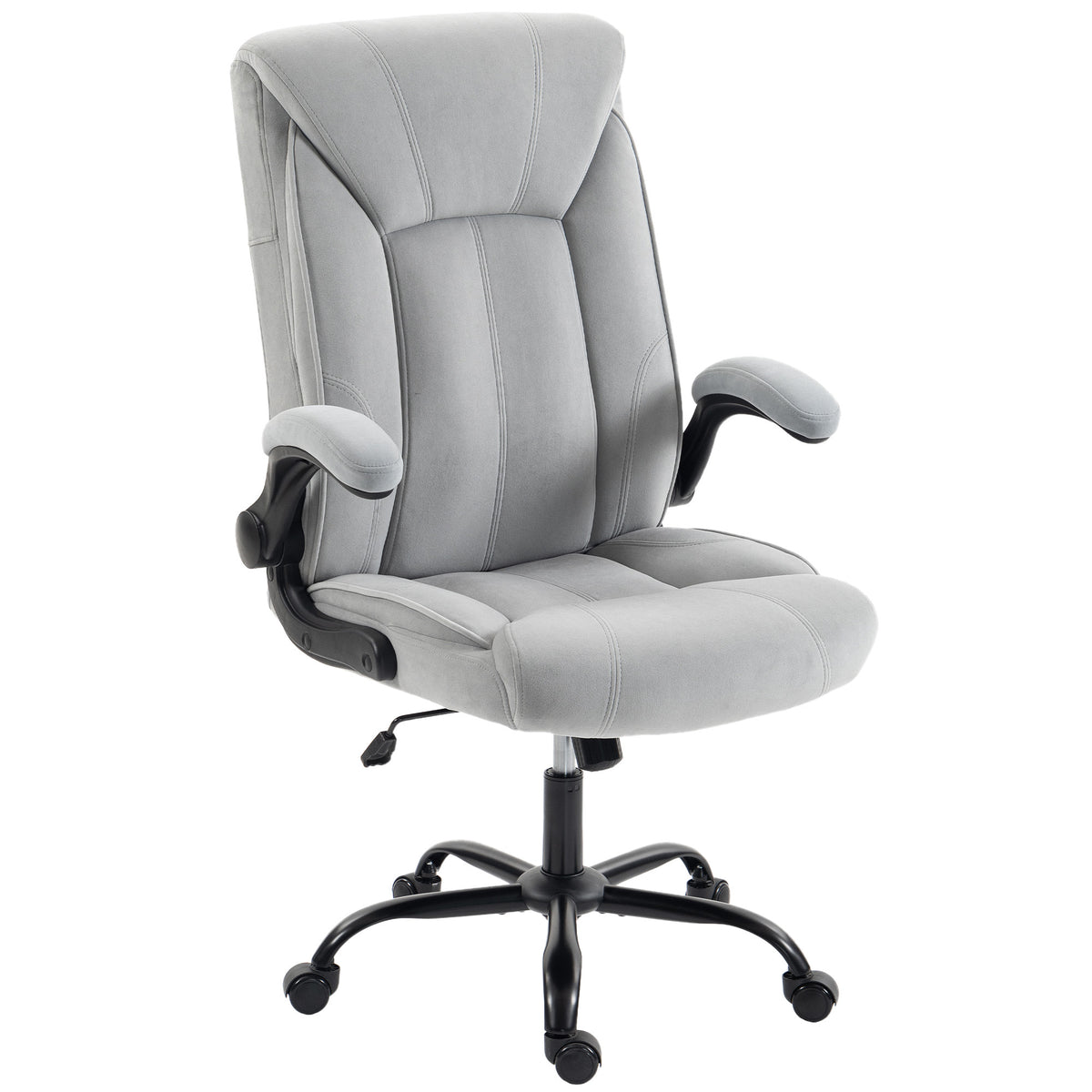 Chaise Bureau Ergonomique en Tissu Flanelle, Hauteur Réglable, Bascule, Accoudoirs Relevables, 66x77x122cm, Gris Clair-0
