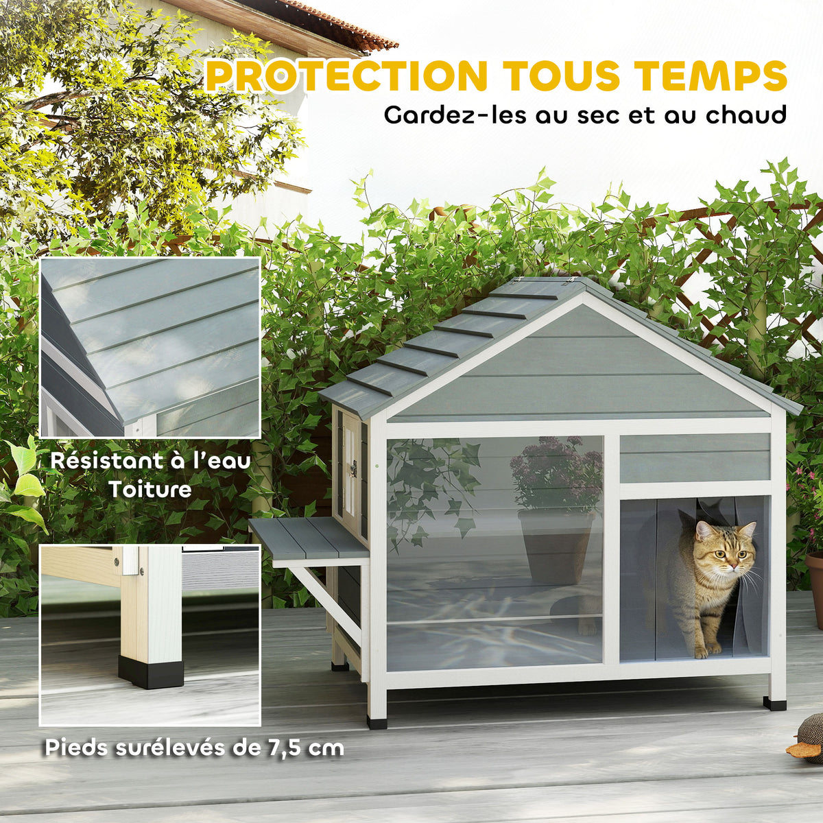 Maison pour Chat Extérieur Toit Ouvrant Fenêtre Panoramique Porte à Lamelles et Plateforme de Repos 101x72,5x81cm Gris-3
