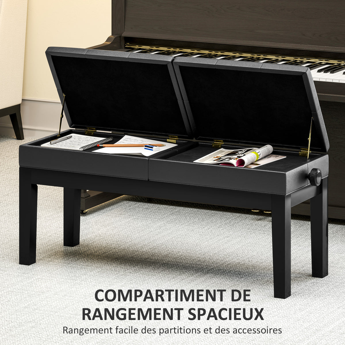 Banc de piano réglable en hauteur, tabouret de piano avec rangement, banquette pour clavier capitonné, noir-4