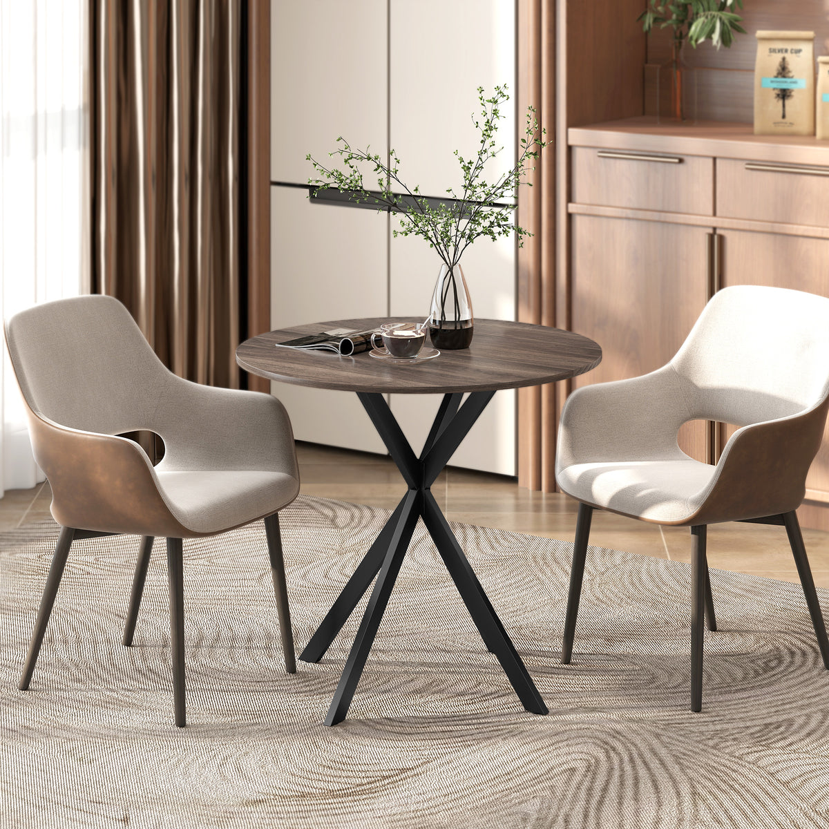 Table à Manger Ronde pour 2 Personnes avec Plateau Aspect Bois et Piètement Croisé en Acier, Marron-9