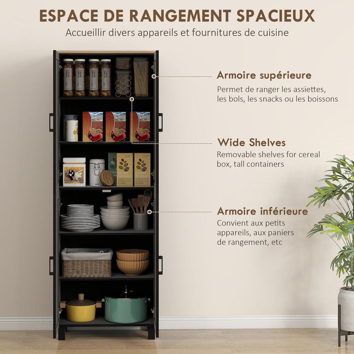 Armoire de cuisine hauteur 170 cm buffet haut avec 4 portes et étagères ajustable, design moderne, noir-3