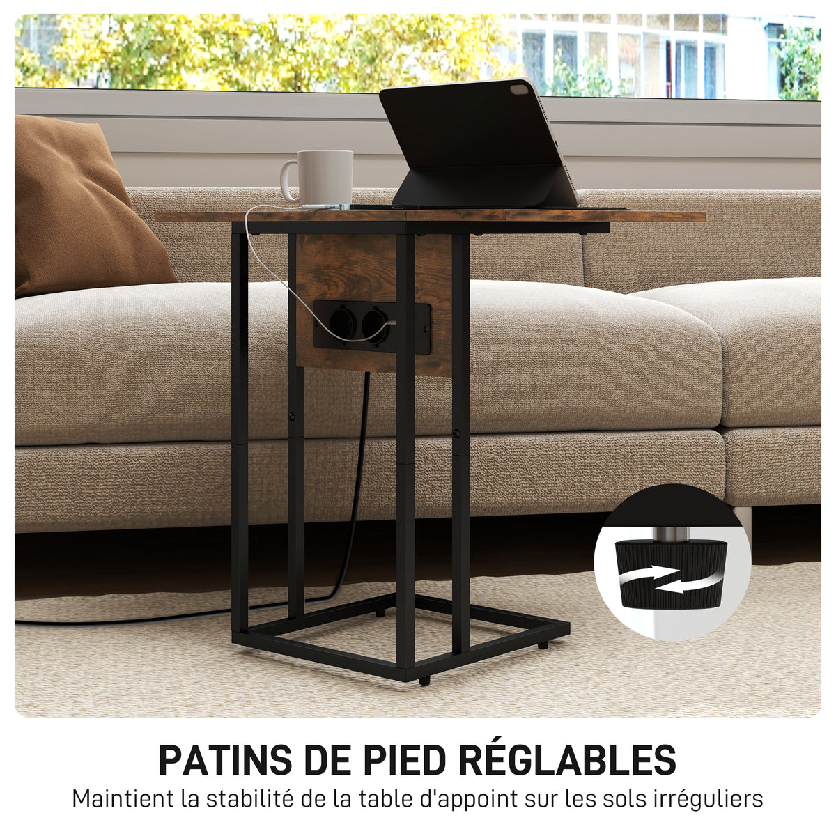 Table d'appoint bout de canapé avec station de charge, plateau pliable, 39 x 29 x 57 cm, brun rustique et noir-5