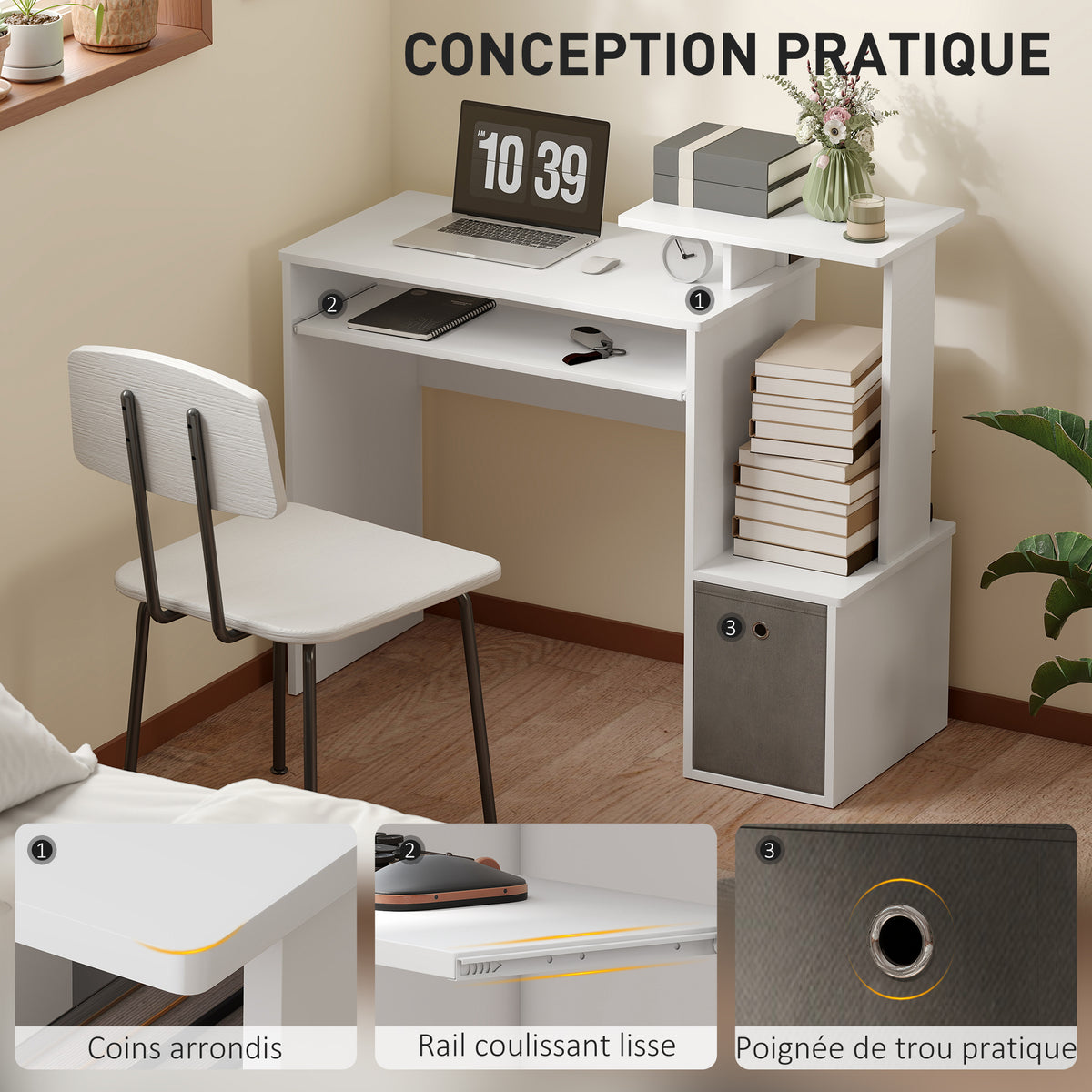 Bureau Informatique multimédia étagères Tablette Clavier Panier Gris Panneaux Particules Blanc-5