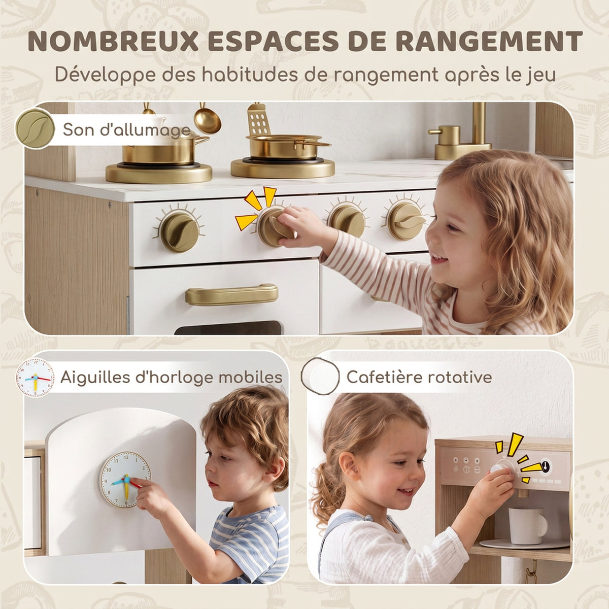 Cuisine Enfant en Bois, Dinette Cuisine Enfant avec Ustensiles en Acier Inoxydable, pour 3 à 6 Ans, 74x29x81cm, Blanc-4