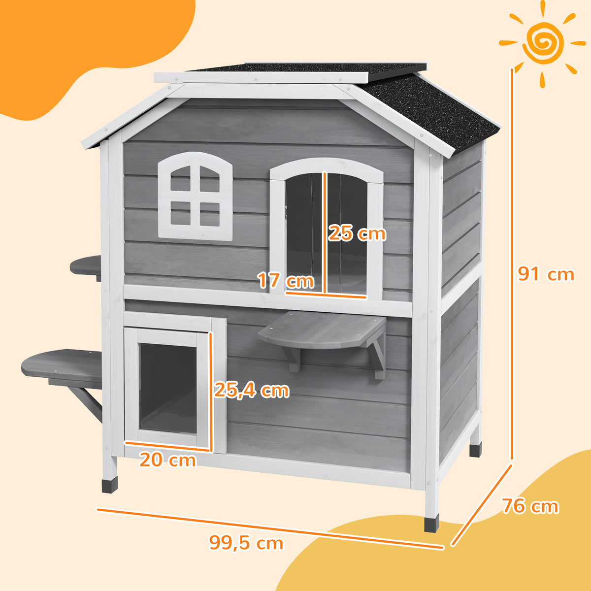 Maison Extérieur pour Chat Abri Extérieur en Bois pour Chats Errants 2 Étages Toit Ouvrant Bitumé 99,5x76x91cm Gris-2