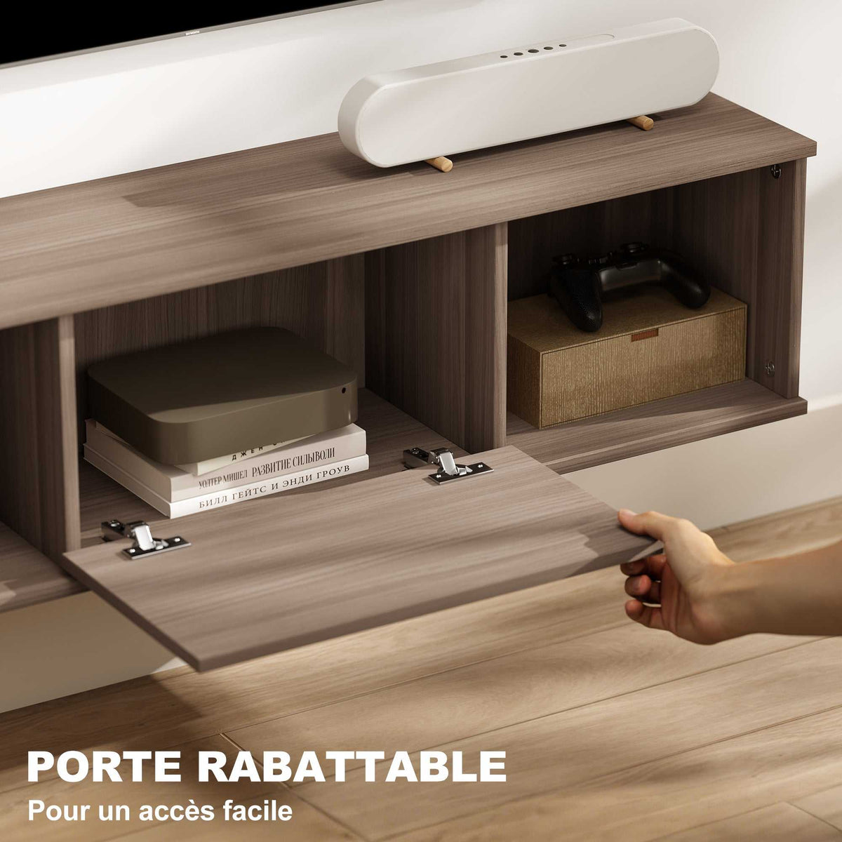 Meuble TV suspendu, Armoire murale avec 2 compartiments ouverts et porte rabattable, 120 x 30 x 29,5 cm, marron-4