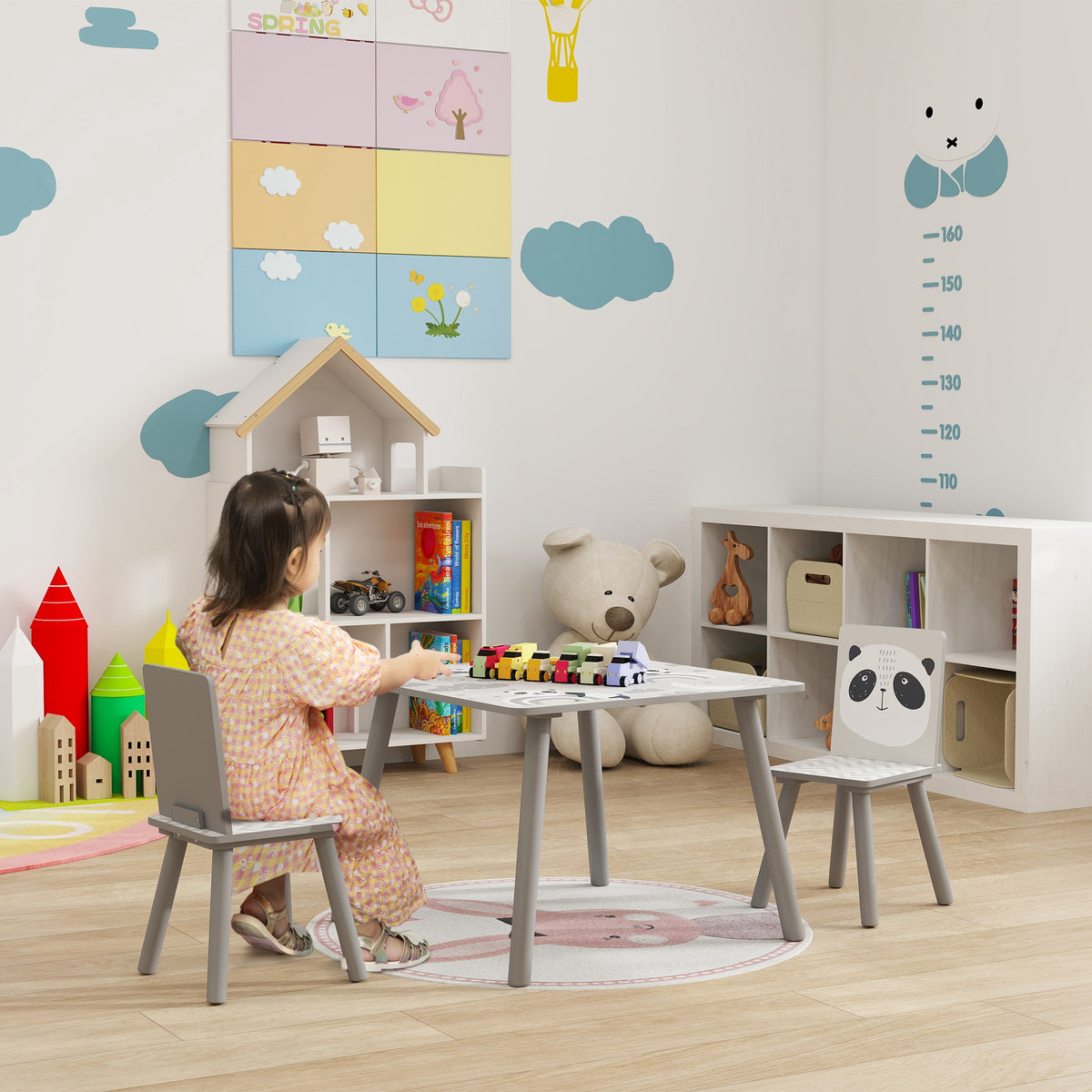 Ensemble table et chaises pour enfants, table pour enfant avec 2 chaises, motif animaux pour chambre à coucher gris-9