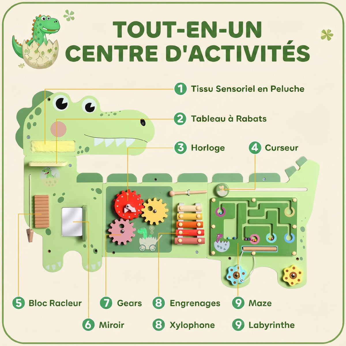 Busy Board Jouet, Tableau d'Activités Murale Dinosaure, Planche Motricité Bébé Educatif pour Garcon Fille 2+ Ans, Vert-3