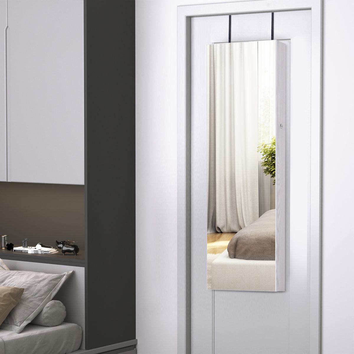 Armoire à bijoux suspendue au mur ou à la porte avec miroir, LED, 5 étagères, 2 tiroirs, 37x10x120cm, effet bois grisé-6