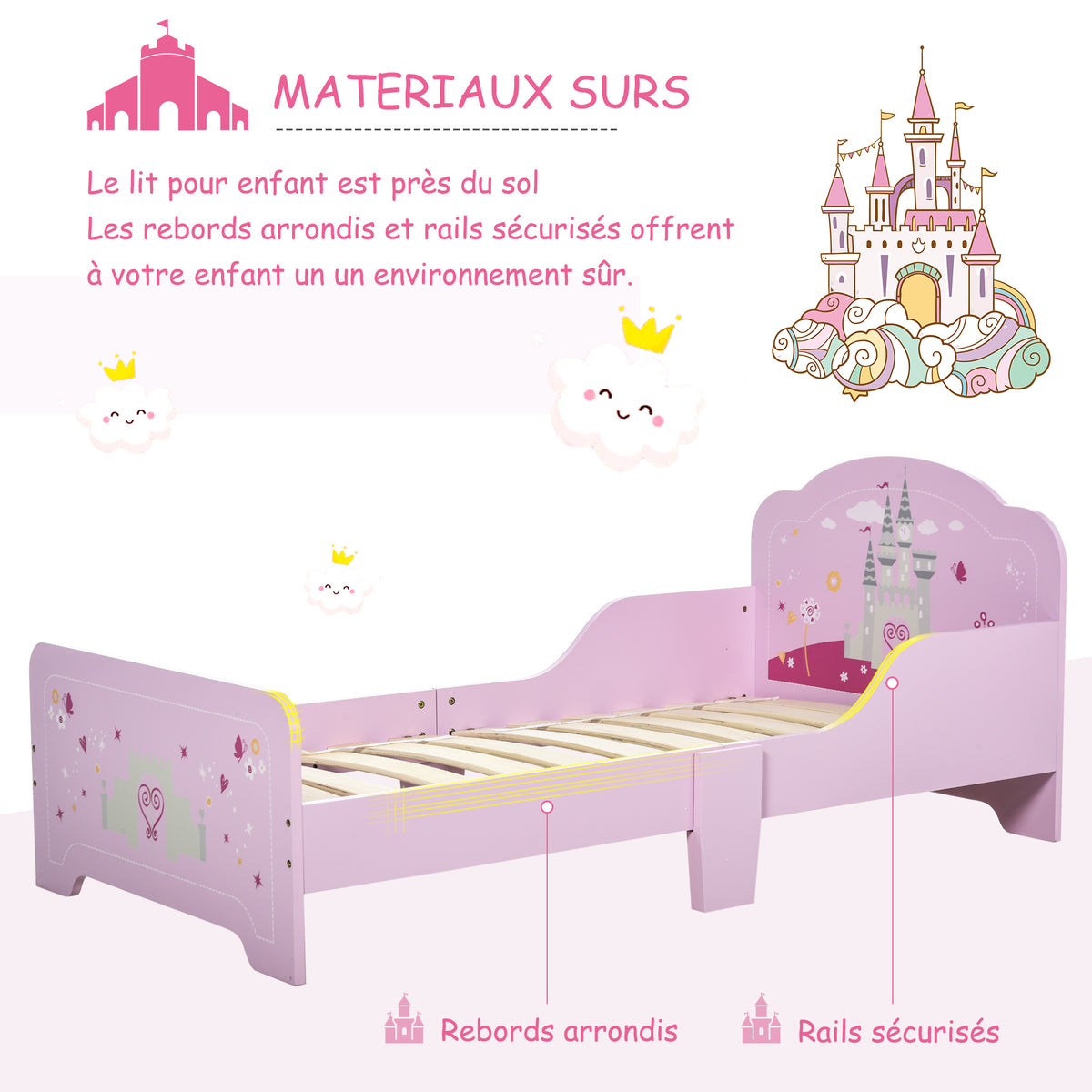 Lit Enfant 140x70cm - lit enfant Design Princesse Motif château - sommier Lattes Inclus - MDF Contre-plaqué Rose-4