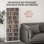 Rangements pour CD et DVD avec 8 compartiments et 6 étagères réglables, capacité max. 360 CD/185 DVD et Blu-ray, blanc-3