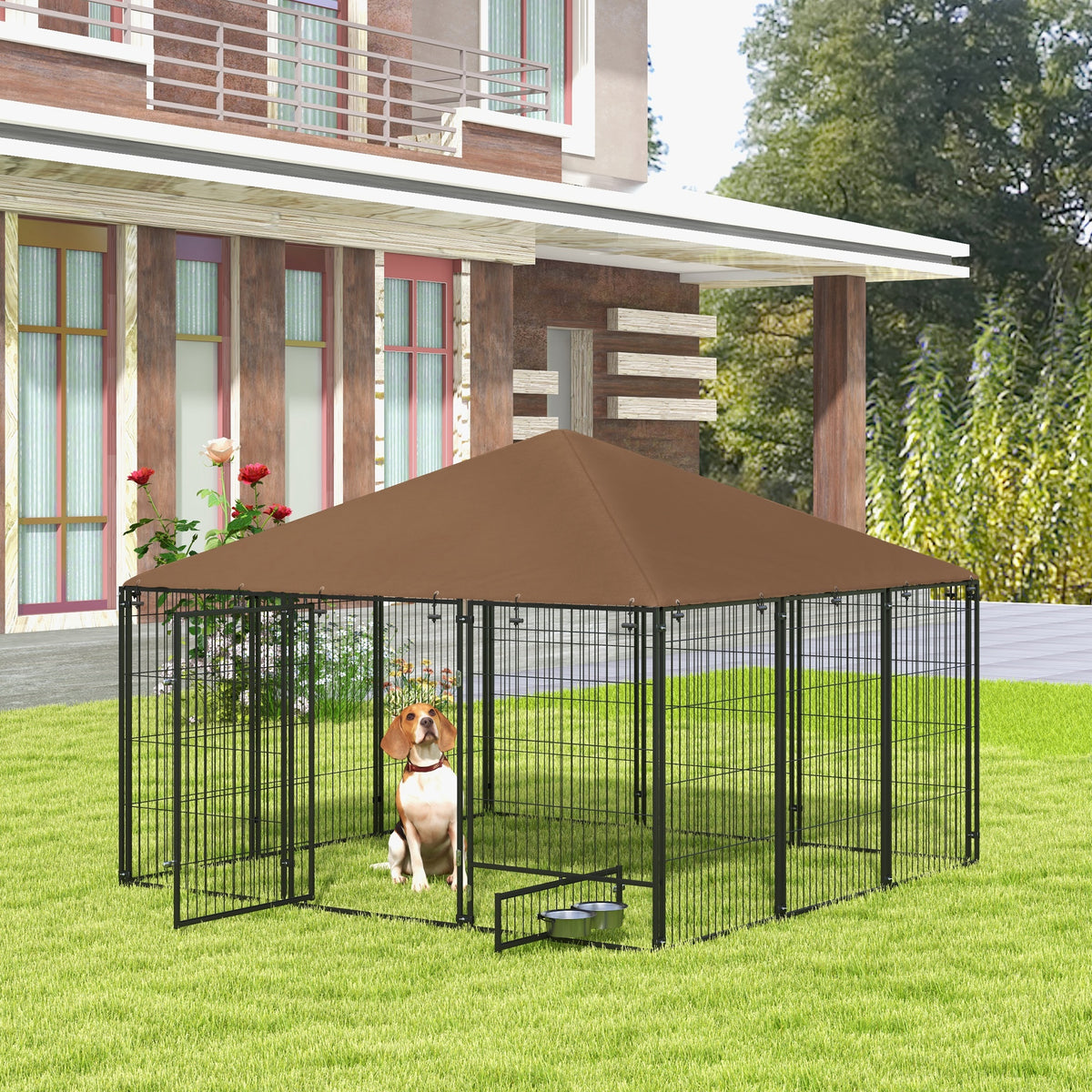 Chenil extérieur pour chiens en acier et tissu Oxford avec support gamelle toit 211 x 211 x 151 cm noir et café-1