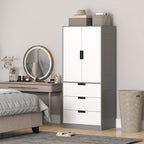 Armoire chambre penderie avec 2 portes à fermeture douce, 3 tiroirs et barre de suspension, 80x50x180cm, gris et blanc-7
