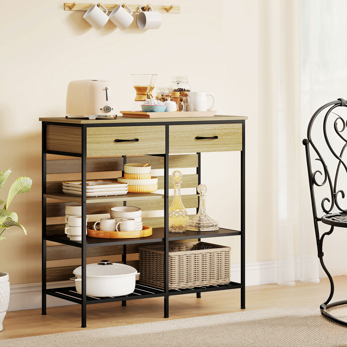 Buffet cuisine, meuble de rangement avec 2 tiroirs et 3 étagères ouvertes, 90 x 40 x 91 cm, bois naturel et noir-6