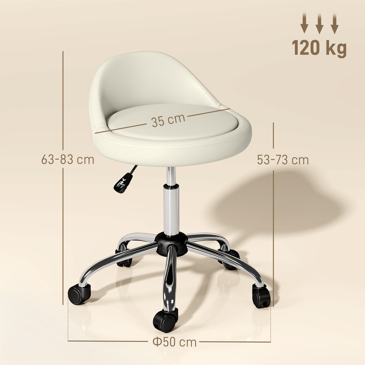 Tabouret à roulettes tabouret de travail pivotant 360° hauteur réglable 53-73 cm revêtement synthétique blanc-2