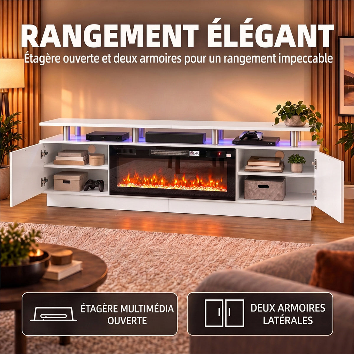 Meuble TV avec Cheminée Électrique 203cm avec Éclairage LED Fausse Cheminée Décorative 900/1800W Effet Flamme 3D Blanc-3