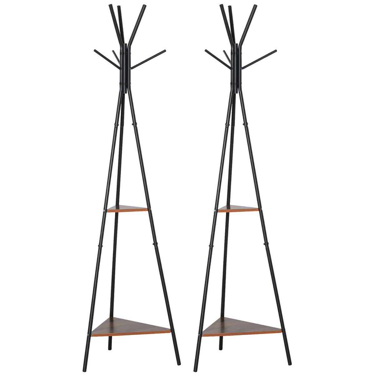 Lot de 2 porte-manteaux trépied meuble d'entrée style industriel branches 2 étagères + 6 patères métal noir-0
