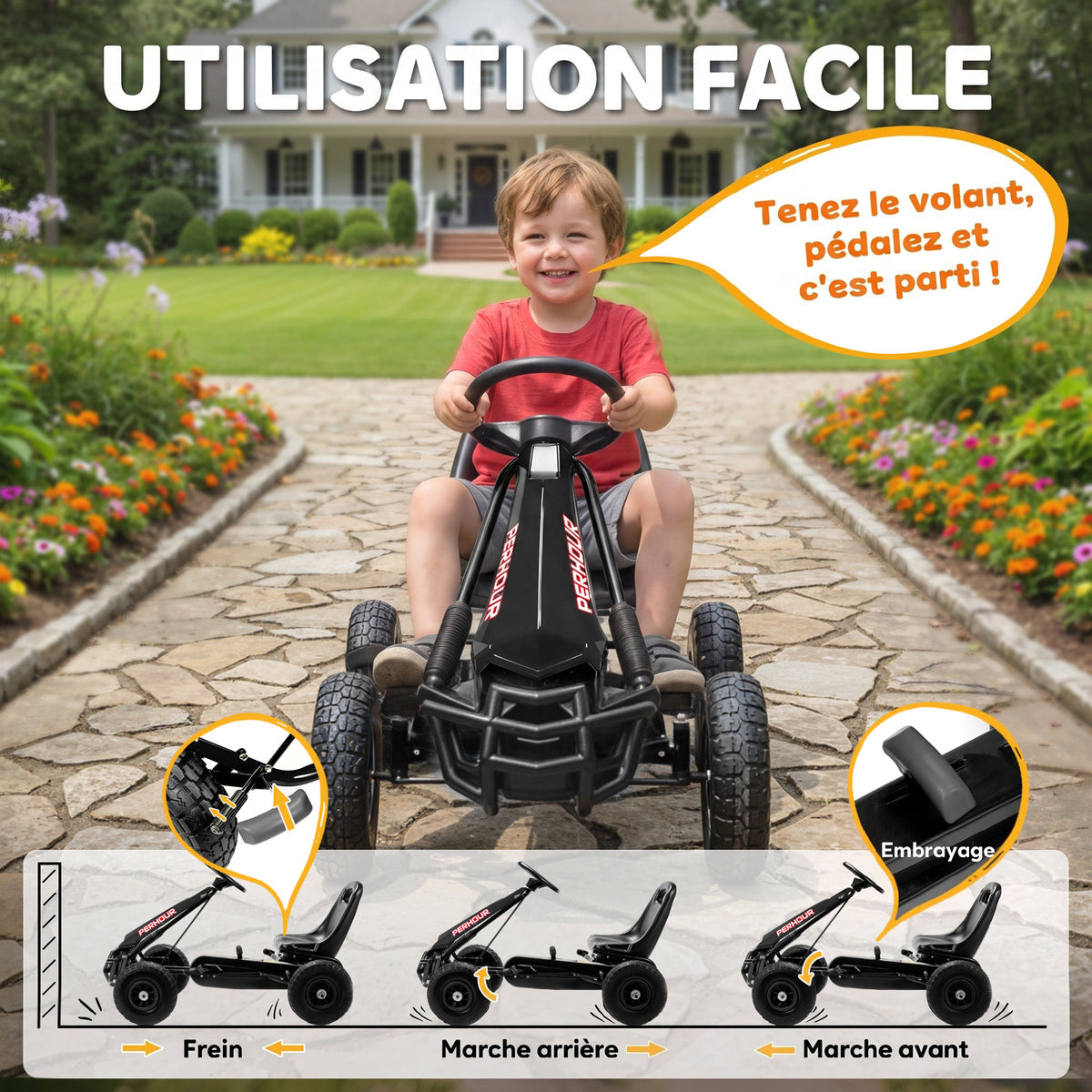Kart à pédales Go-Kart pour enfants siège réglable pneus EVA embrayage manuel et frein 110 x 61 x 62 cm noir-3