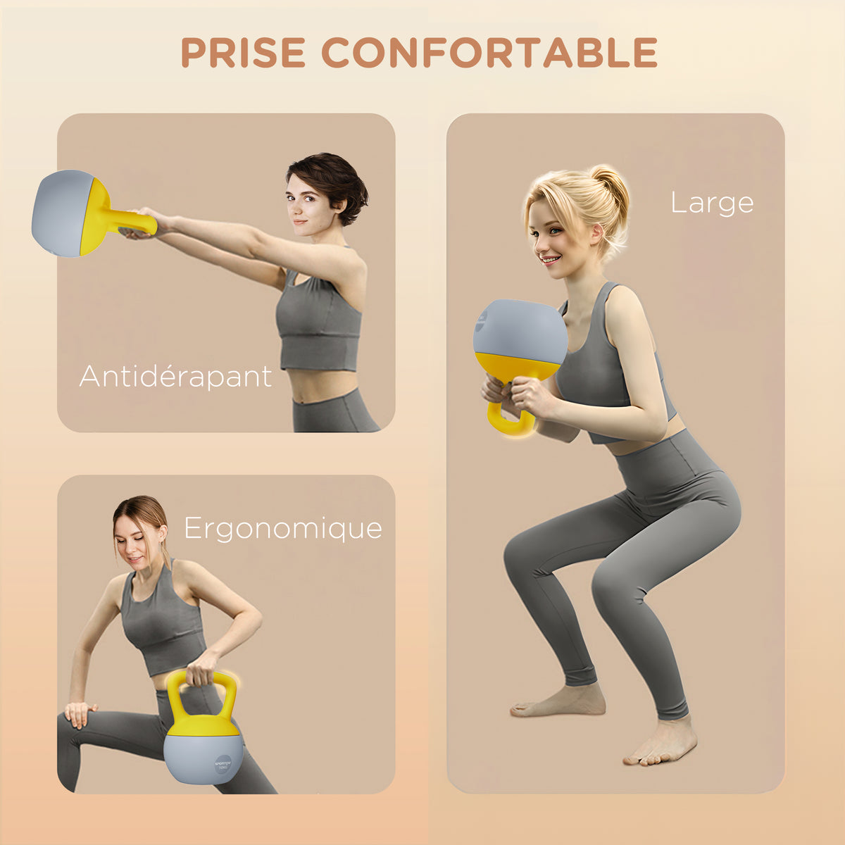 Kettlebell 10kg haltère avec poignée antidérapante pour fitness musculation cardio, gris et jaune-4